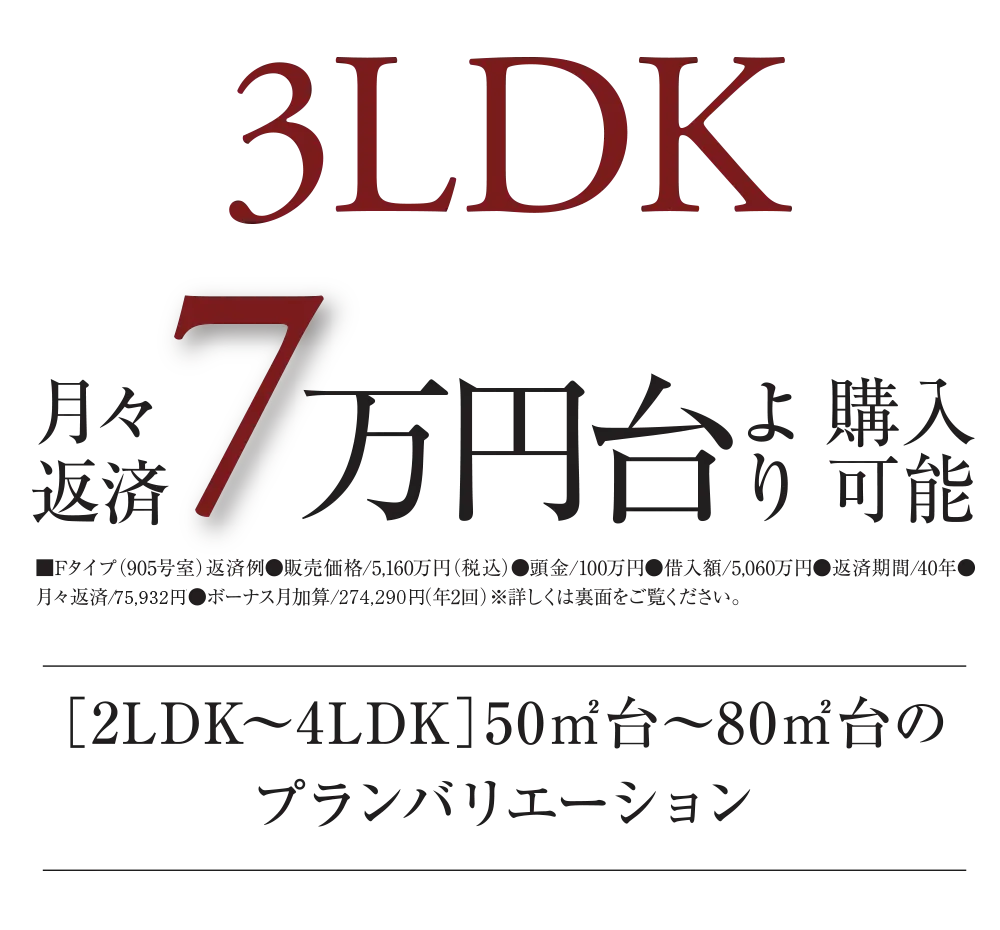 3LDK月々返済7万円台より